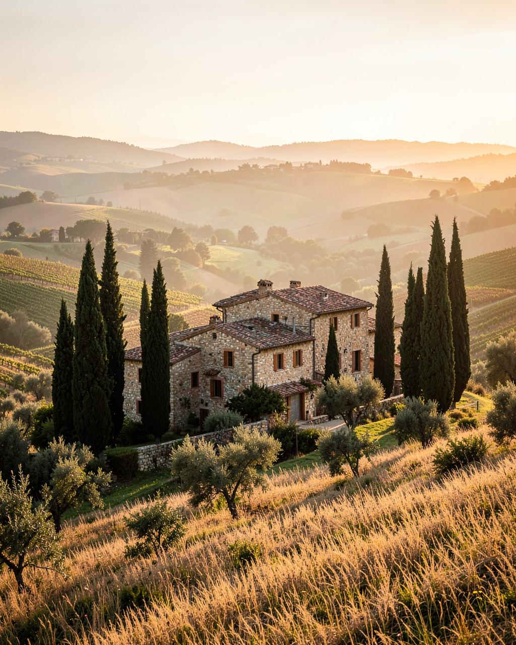 Tuscan stone farmhouse with cypress trees among vineyards and olive groves at sunrise