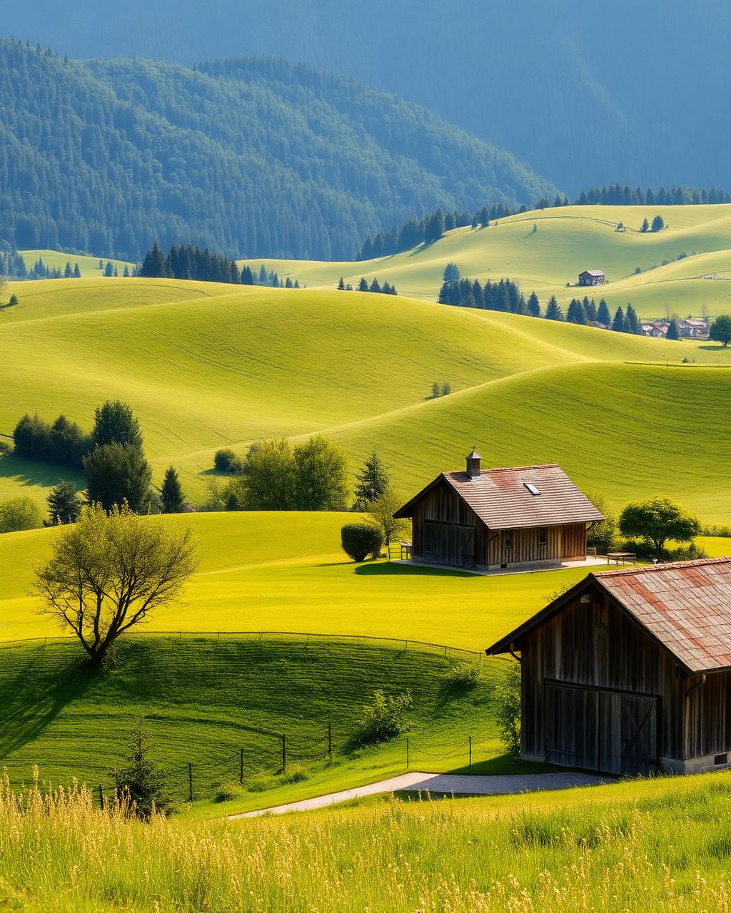 Rolling French countryside with farmhouse and wheat fields