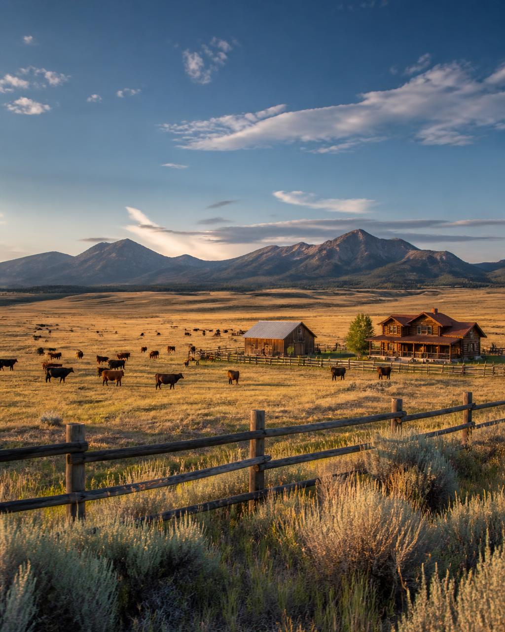 American Wild West cattle ranch in a wide prairie valley with grazing beef cattle, wooden ranch house and distant mountains