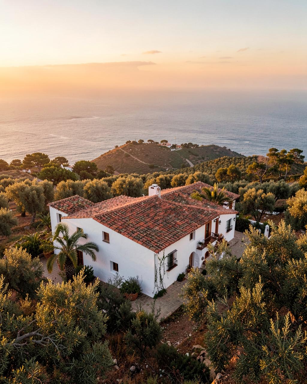 Whitewashed Portuguese finca on a hill with olive groves overlooking the ocean at sunset