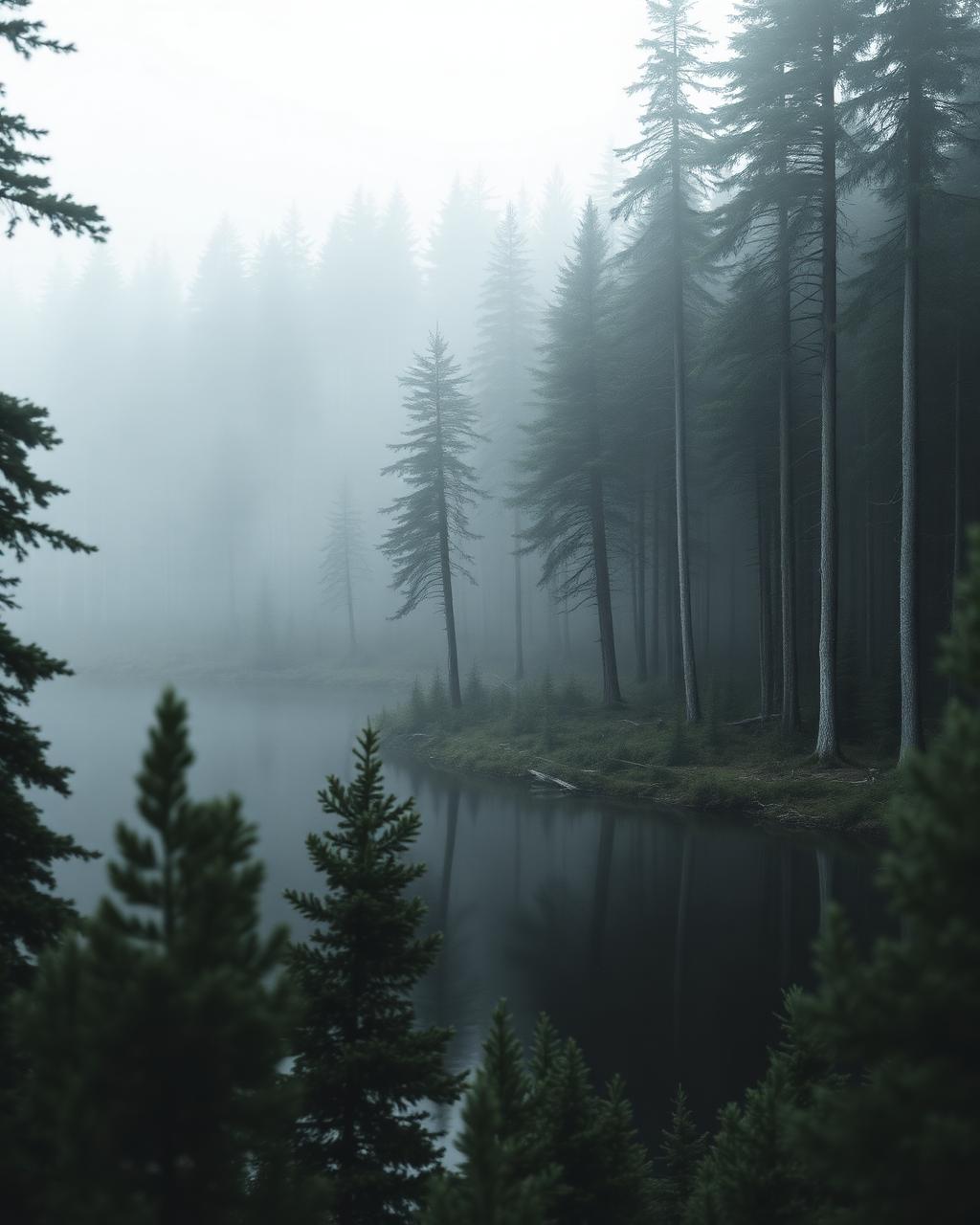 Snow-dusted pine forest and lake in northern Sweden